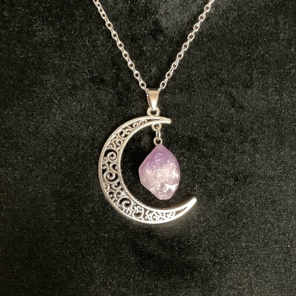 AMETHYST Crystal Point Crescent Moon Necklace - Picture 1 of 7